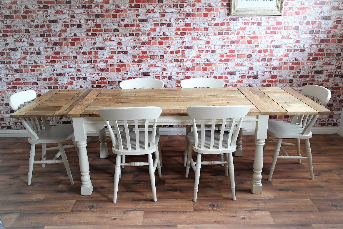 Up to Twelve Seater Rustic Farmhouse Extending Dining Table Set Painted Chairs & Benches