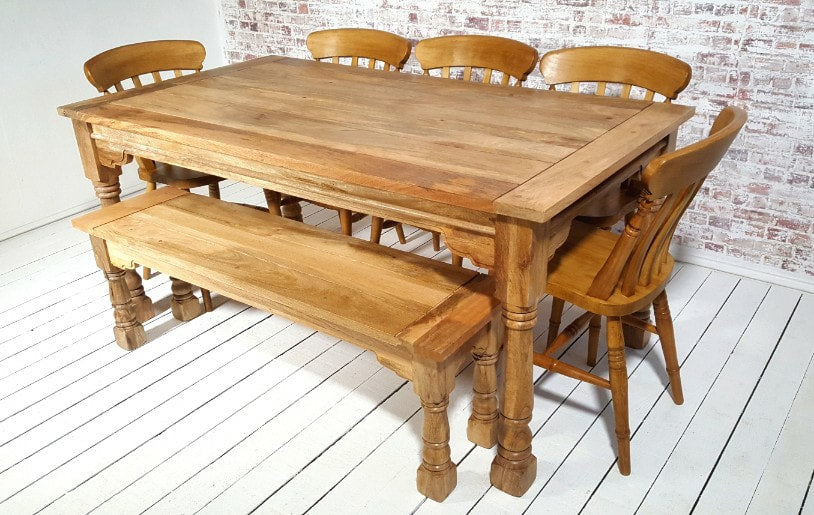 All Wood Extendable Rustic Farmhouse Dining Table Natural Hardwood Finish with Matching Benches & Chairs