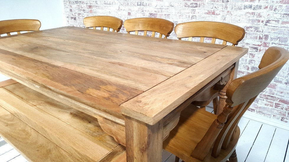 All Wood Extendable Rustic Farmhouse Dining Table Natural Hardwood Finish with Matching Benches & Chairs