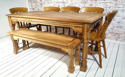 All Wood Extendable Rustic Farmhouse Dining Table Natural Hardwood Finish with Matching Benches & Chairs