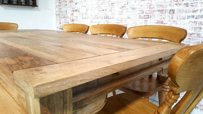 All Wood Extendable Rustic Farmhouse Dining Table Natural Hardwood Finish with Matching Benches & Chairs