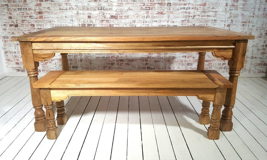 All Wood Extendable Rustic Farmhouse Dining Table Natural Hardwood Finish with Matching Benches & Chairs