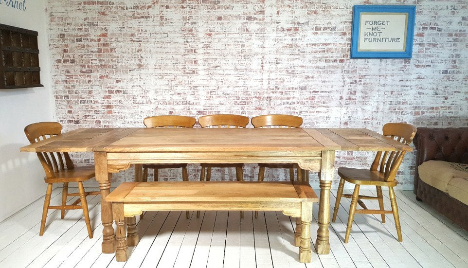 All Wood Extendable Rustic Farmhouse Dining Table Natural Hardwood Finish with Matching Benches & Chairs