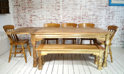 All Wood Extendable Rustic Farmhouse Dining Table Natural Hardwood Finish with Matching Benches & Chairs