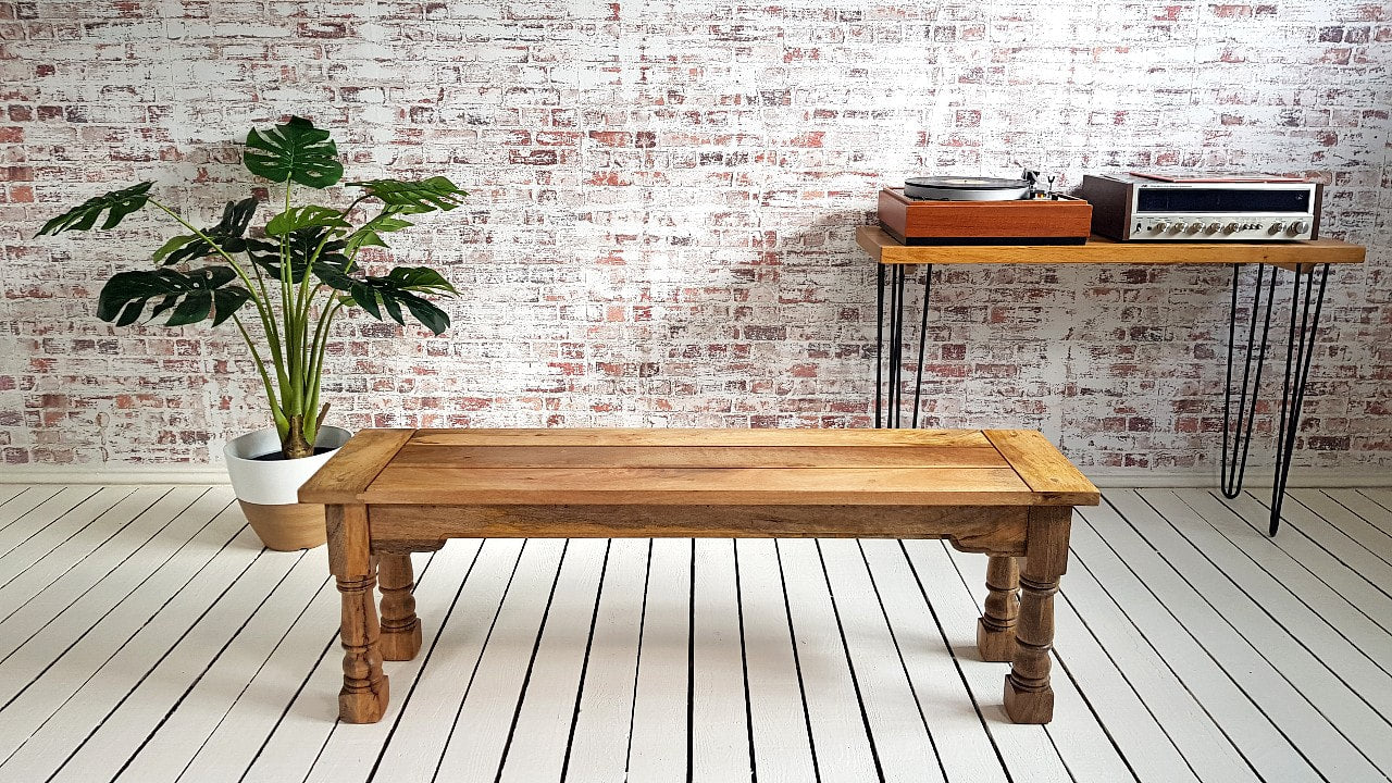 Rustic Dining Bench Natural Hardwood with Refectory Legs