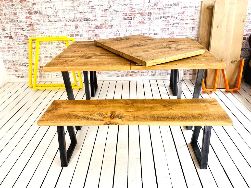 Extending Industrial Dining Table / Bench Sets with Tapered Frame - Any RAL Colour or Steel Finish