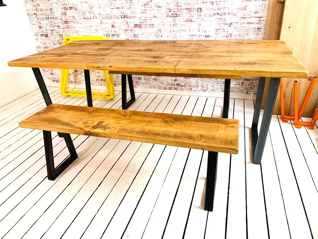 Extending Industrial Dining Table / Bench Sets with Tapered Frame - Any RAL Colour or Steel Finish