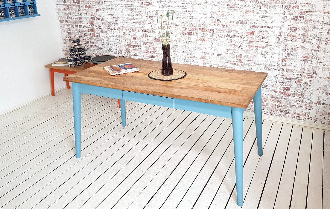 Painted Finish Extending Mid-Century Modern Living Hardwood Dining Table