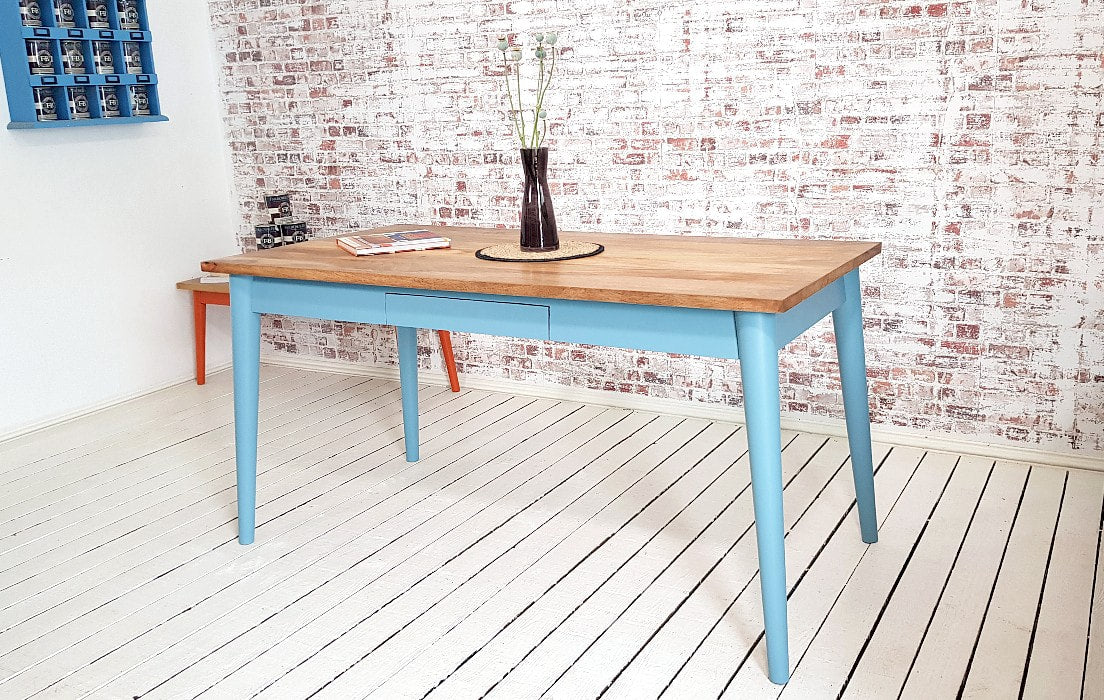 Painted Finish Extending Mid-Century Modern Living Hardwood Dining Table