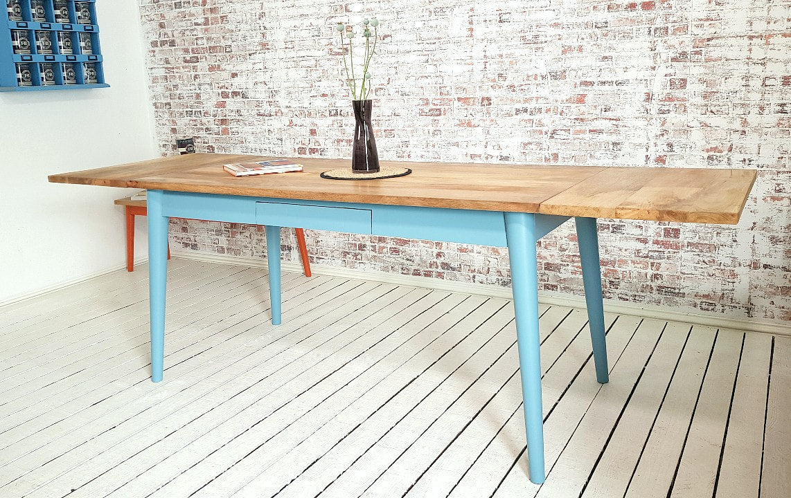 Painted Finish Extending Mid-Century Modern Living Hardwood Dining Table