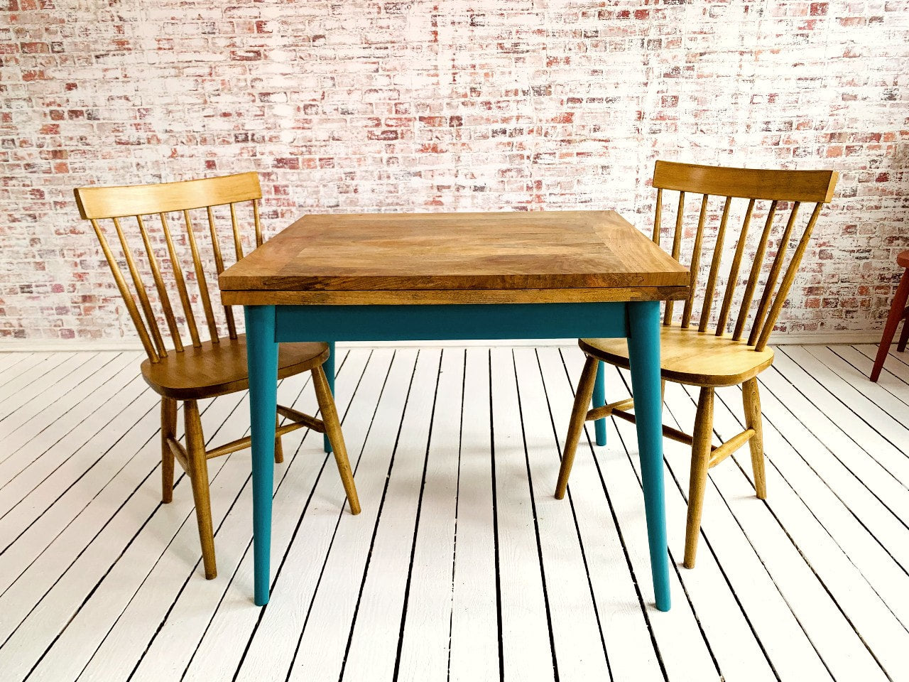 Extendable Mid-Century Folding Dining Table with Modern Rustic Chairs Dining Set