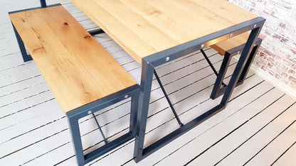 Limited Edition Rustic Oak Industrial Dining Set Table & Benches Anthracite Grey