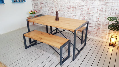 Limited Edition Rustic Oak Industrial Dining Set Table & Benches Anthracite Grey