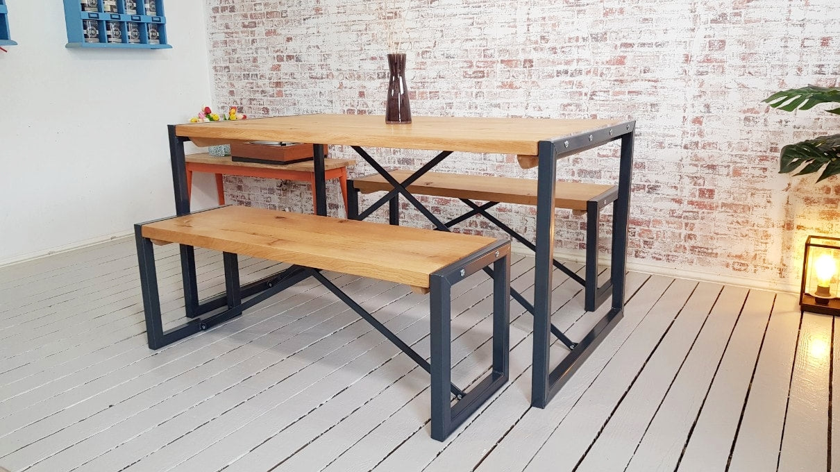 Limited Edition Rustic Oak Industrial Dining Set Table & Benches Anthracite Grey