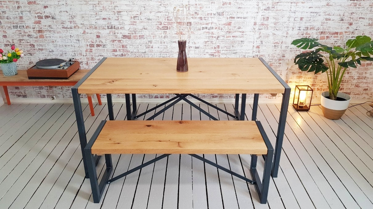 Limited Edition Rustic Oak Industrial Dining Set Table & Benches Anthracite Grey