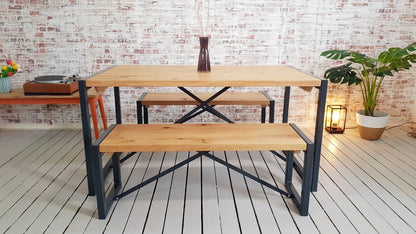 Limited Edition Rustic Oak Industrial Dining Set Table & Benches Anthracite Grey